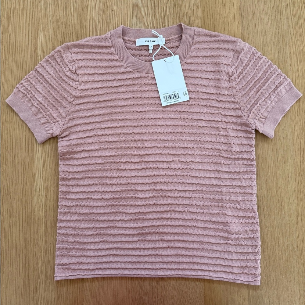 Frame Denim Pink Ribbed Smocked Fitted Short Sleeve Tee Small - Picture 5 of 7